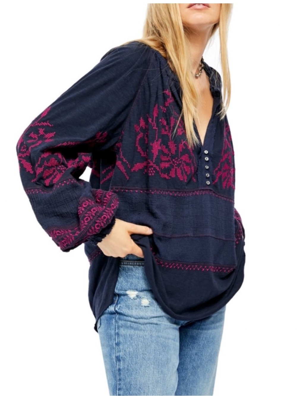 Free People persuasion oversized Boho Embroidered Peasant Top XS